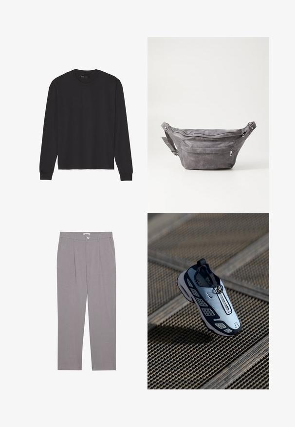 T-shirt preta de manga comprida feita de algodão macio. Apresenta gola redonda clássica, punhos canelados e um corte confortável. Design simples, sem padrões.; Calças cinzentas sob medida com corte reto, apresentando dois bolsos frontais, pregas e fecho de botão. Confeccionadas em tecido leve.; O sapatênis Nike apresenta um design slip-on com parte superior azul-claro, detalhes em preto e painéis laterais perfurados. Bico arredondado e sola texturizada.; Pochete cinza em camurça com forma arredondada, dois compartimentos com fecho éclair e alça ajustável. Apresenta detalhes em metal.