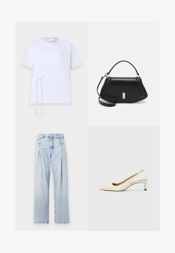 Šviesiai mėlynas medvilninis marškinėlis trumpomis rankovėmis, apvaliu kaklu ir mazgo detale šone. Minkšta tekstūra ir laisvas siluetas.; Šviesiai mėlyni džinsai su aukštu liemeniu, plačiomis kojomis, dviem šoninėmis kišenėmis ir raukinių dizainu. Minkšta tekstūra su nudilusia apdaila.; Smailo nosiu slingback bateliai off-white oda, su žemu kulnu ir išpjovimo dizainu, turintys lygų paviršių ir minimalų akcentų skaičių.; Juoda odinė rankinė su struktūrizuotu dizainu, turi trumpą formą, viršutinę rankeną ir auksinius akcentus. Pridėtas reguliuojamas peties diržas.