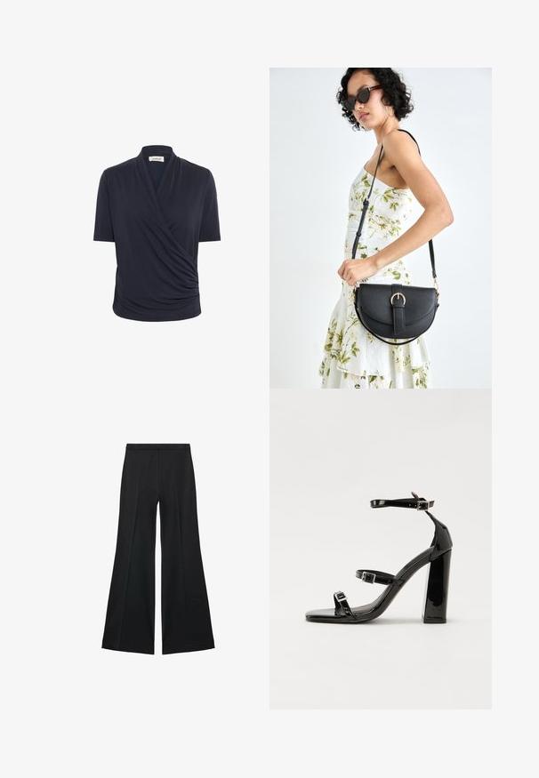 Mornarsko modra majica s kratkimi rokavi z ovijajočim sprednjim delom in subtilnimi draping detajli, izdelana iz gladkega, lahkega blaga.; Črne široke hlače z gladko teksturo, ki imajo sprednje nabore in kroj po meri. Tkanina je lahka in zračna.; Črne lakirane sandale s peto, kvadratnim prstom, trakovi okrog gležnja in srebrnimi zaponkami. Opremljene so s stabilno Debelo peto.; Črna usnjena torbica s ukrivljeno obliko, z odstranljivo naramnico in zlatimi dodatki. Torbica ima pokrov s podrobnostmi v obliki zaponke.