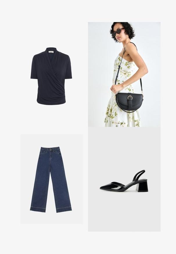 Granatowa bluzka z krótkim rękawem o designie z zawinięciem z przodu i subtelnymi detalami drapowanymi, wykonana z gładkiego, lekkiego materiału.; Jeans o szerokich nogawkach w ciemnoniebieskim dżinsie. Posiada pięć kieszeni, szlufki na pasek oraz surowy dół z widocznymi detalami szwów.; Czarne lakierowane półbuty na obcasie z wydłużonym noskiem i geometrycznym słupkiem. Charakteryzują się eleganckim, minimalistycznym designem oraz gładką fakturą.; Czarna skórzana torebka o zakrzywionym kształcie, z odpinanym paskiem i złotymi akcentami. Torebka posiada klapę z zapięciem w kształcie klamry.