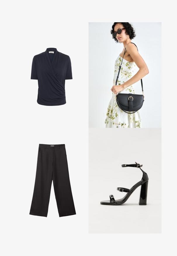 Námořnický top s krátkým rukávem a designem s překládaným předním dílem, s jemnými drapériemi, vyrobený z hladkého, lehkého materiálu.; Černé široké kalhoty vyrobené z hladké tkaniny, s předním zipem a dvěma bočními kapsami, s dobře padnoucím střihem a minimalistickým designem.; Černé lakované sandály na podpatku se čtveratou špičkou, lýtkovými pásky a stříbrnými přezkami. Disponují masivním blokovým podpatkem pro stabilitu.; Černá kožená kabelka s křivkovým tvarem, odnímatelným popruhem a zlatými detaily. Kabelka má klopu s přezkou.