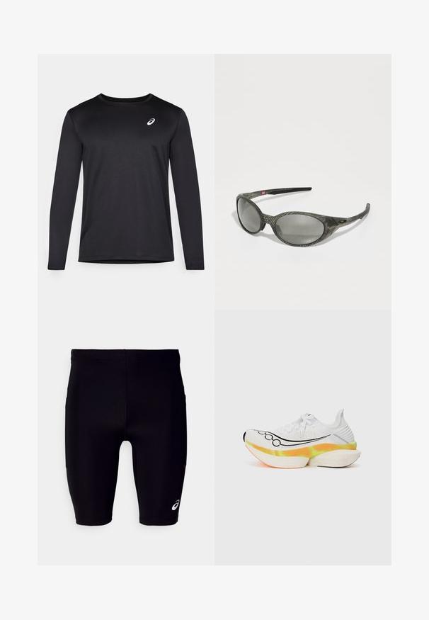 Schwarzes Langarm-Sporthemd aus strukturiertem Stoff, mit einem runden Halsausschnitt und einem kleinen Logo auf der Brust.; Schwarze Sportshorts aus elastischem Material, mit eng anliegendem Schnitt, knielangem Design und einem kleinen weißen Logo an der unteren Seite.; Weißer Sportschuh mit strukturiertem Mesh-Obermaterial, schwarzem Swoosh-Design und einer bunten, geschichteten Sohle mit orangefarbenen und gelben Akzenten.; Graue Sonnenbrille mit einem strukturierten, gemusterten Rahmen. Ovalen Gläsern und schlanken Bügeln, die mit einem schwarzen Akzent versehen sind. Aus leichtem Verbundmaterial.