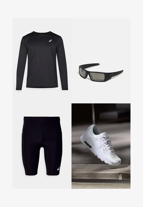 Cămașă sportivă neagră cu mânecă lungă, realizată dintr-un material texturat, având un decolteu rotund și un logo mic pe piept.; Șorturi atletice negre din material elastic, cu o croială strânsă, design până la genunchi și un mic logo alb pe partea inferioară.; Adidașii Nike Air Max 90 albi, având un superior din plasă și piele, cutie pentru degete perforată și o unitate de aer vizibilă în călcâie.; Ochelari de soare negri cu o finisare mată, lentile dreptunghiulare, curbură ușoară pe bănci, detaliu subtil cu logo și lentile cu tentă fumurie.