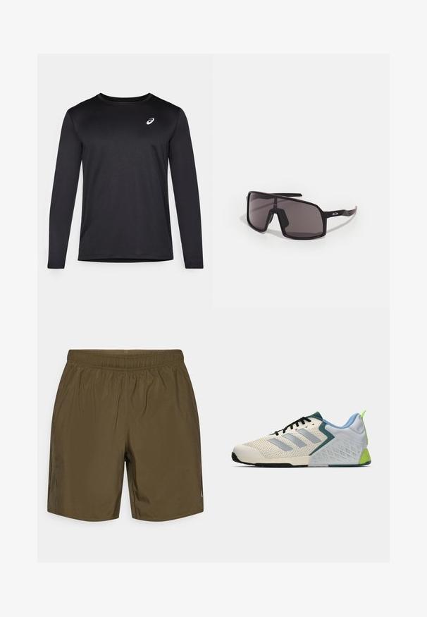 Svart langermet treningstrøye laget av teksturert stoff, med rund hals og en liten logo på brystet.; Oliven grønne treningsshorts med elastisk midjebånd, glatt tekstur og sidelommer. Har en liten logo på siden.; Lettvektsidrettssko med et kremfarget mesh-overdel, grå striper, en grønn detalj og en teksturert blå hæl. Svarte lisser.; Svarte rektangulære solbriller med mørke linser, bred ramme og slanke svarte armer. Har en logo på stengene. Glatt tekstur.