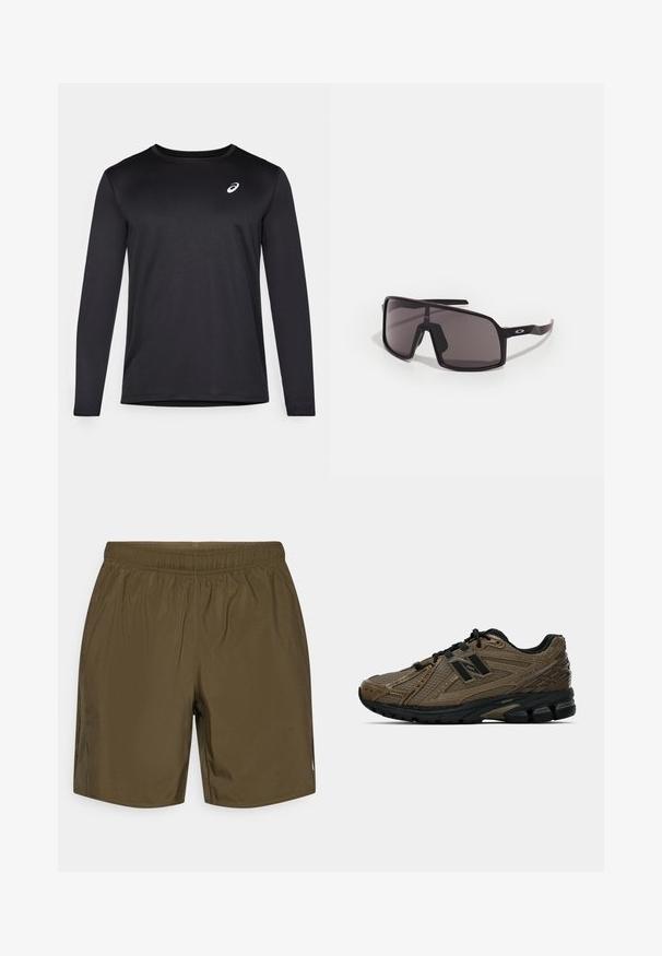Must have tekstuuriga must pikkade varrukatega sportlik särk, millel on ümar kaelus ja väike logo rinnal.; Õlivarju sportlikud lühikesed püksid elastse vöökohaga, siledast materjalist ja küljetaskutega. Küljel on väike logo.; Pruun jooksujalats tekstuuriga võrgust pealispinnaga, mustade detailidega ja pehmendatud tallaga. Omab nöörisüsteemi ja voolujoonelist disaini.; Musta ristkülikukujuline päikeseprillide paar tumedate objektiividega, laia raami ja peente mustade kaartega. Tempeldel on logo. Sile tekstuur.