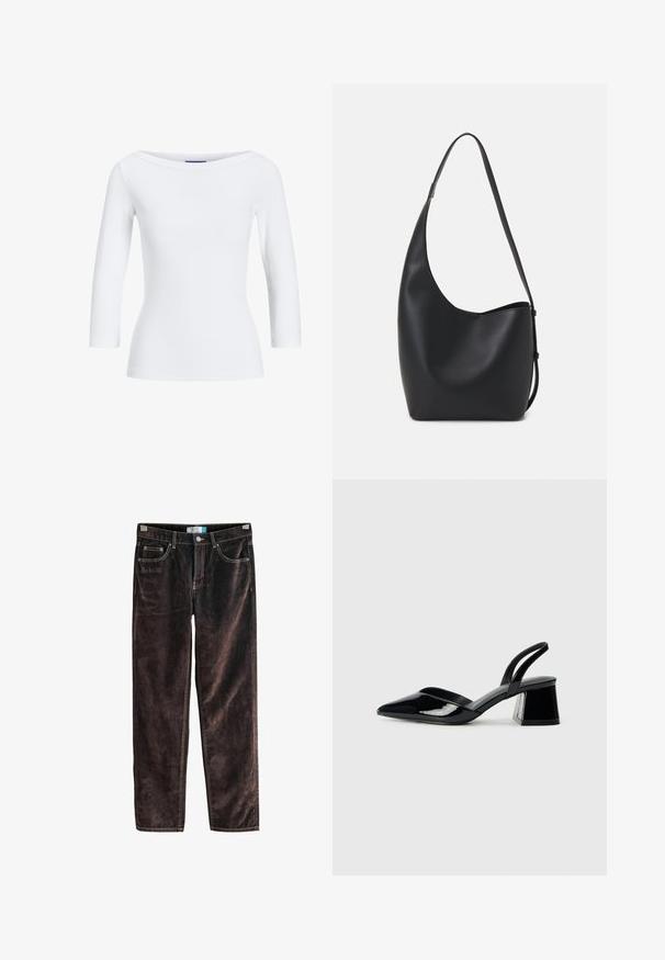 Balta suraizguota ilgomis rankovėmis palaidinė su plačiu iškirpimu. Audinys yra lygus, prilipęs prie kūno, o rankogalių ir apačios apdaila yra tvarkinga.; Rudonės korduroy tiesaus kirpimo kelnės su penkiomis kišenėmis, kontrastinga siūlė ir mygtuko uždėjimas juosmens srityje. Minkšta tekstūra su briaunotu raštu.; Juodos lakuotos odinės šlepetės su smailiu pirštu ir geometriniu bloko kulnu. Turi elegantišką, minimalistinį dizainą ir lygų paviršių.; Juodas odinis hobo maišas su lygiu paviršiumi, kreipta forma ir viena reguliuojama rankena; turi platų atidarymą viršuje.