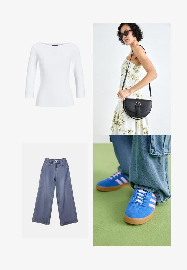 Fehér bordázott, hosszú ujjú felső, vízszintes nyakkivágással. Az anyag sima, testhezálló, és letisztult végződéssel rendelkezik a mandzsettákon és az alsó szegélyen.; Széles szárú farmernadrág világoskék mosásban, magas derékkal, elülső zsebekkel és gombos záródással, övlyukakkal.; Kék velúr cipők rózsaszín csíkokkal és fehér fűzővel, gumiból készült talppal, laza farmernadrággal egy zöld felületen.; Fekete bőrtáska ívelt formával, levehető pánttal és arany színű fémrészekkel. A táskán egy csattal díszített fedél található.