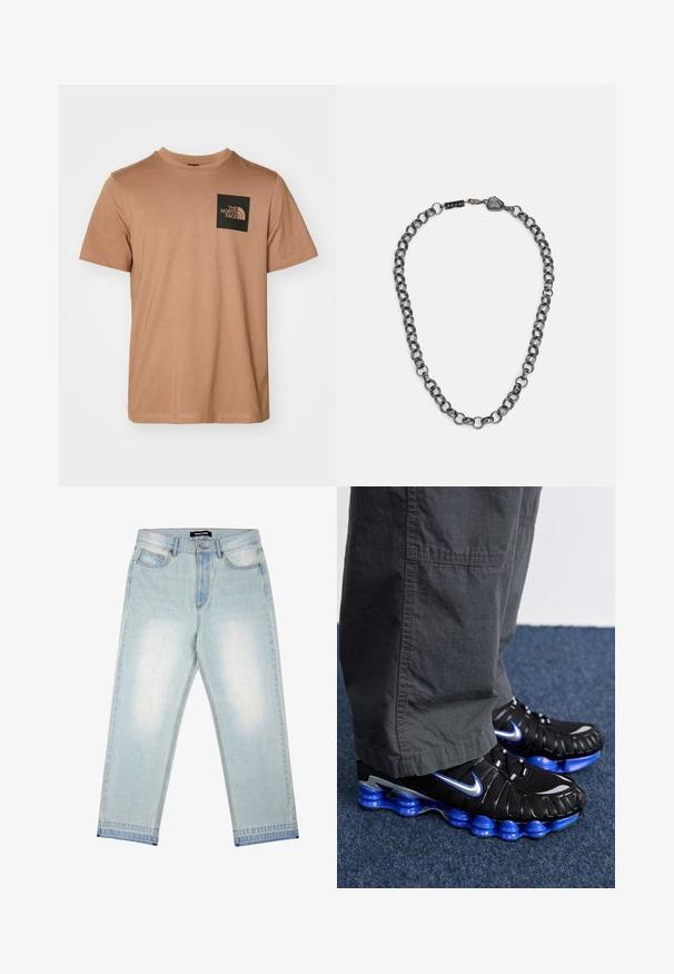 Barna pamut póló rövid ujjakkal és kerek nyakkivágással. Fekete négyzet alakú zsebbel rendelkezik, fehér márkalogóval és ívelt grafikával.; Pegador BARROW - Bő szabású farmernadrág - sand washed blue; Fekete sportcipők kék és ezüst részletekkel, texturált felső résszel, merész talpformával és fűzőrendszerrel. Kék szőnyegen elhelyezve.; Fém lánc nyaklánc, hosszúkás szemekkel, sötét fényfém színben. Geometrikus díszítéssel és márkázott kapoccsal rendelkezik.