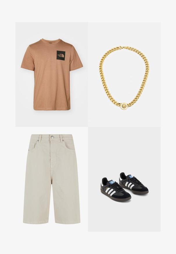 Prune puuvillane T-särk lühikeste varrukatega ja ümmarguse kaelusega. Omab musta ruudukujulist taskut valge brändi logoga ja kõverat graafikat.; Beige denim lühikesed püksid otseküljega, ees nööpkinnitusega ja nelja taskuga. Kangas on sileda tekstuuriga ja minimaalsete õmblustetailidega.; Mustad tossud, mille pealseks on seemisnahk ja sünteetilised materjalid, kolme valge triibuga, tekstureeritud kummitald ja sinine logo silt keele peal.; Kuldne kett kaelakee suurte omavahel ühendatud linkidega, mille keskel on ringikujuline ripats, millel on kõrgendatud emblem.