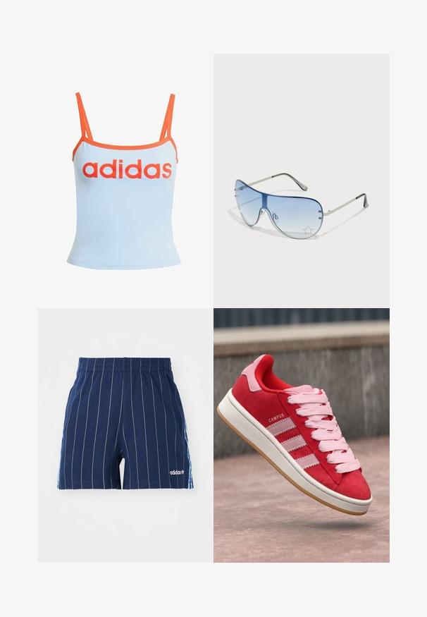 Top de alças azul claro com detalhes laranja, apresentando um ousado logo vermelho da "adidas" no peito. Feito de um tecido macio e elástico. Alças finas.; Calções azul marinho com riscas brancas, cintura elástica e logótipo Adidas. Possui pormenores azuis nas laterais, feitos em material de mistura de algodão.; Sapatilha vermelha em camurça com detalhes em rosa, apresentando três riscas brancas e atacadores rosa claro. Meio solado branco e sola em borracha tipo goma.; Óculos de sol aviador com lentes azuis em degradê, armação metálica prateada e detalhes decorativos de estrelas nas lentes. Design suave e elegante.