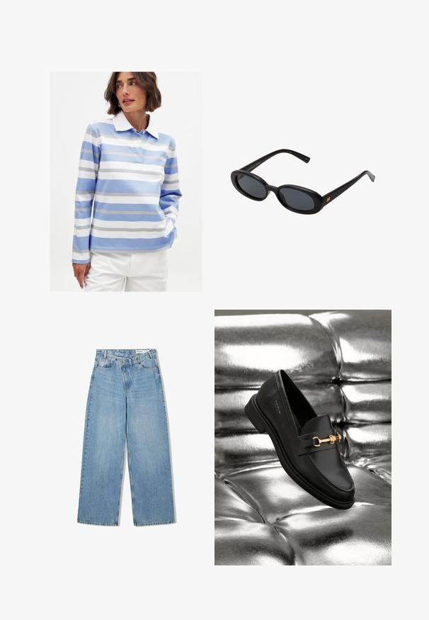 Polo majica s dugim rukavima u svijetloplavoj boji s bijelim horizontalnim prugama. Ima bijelu ovratnik i mekan pamuk. Raskošna kroj.; Svetlo modri široki kavbojki iz denima, ki imajo visok pas, pet žepov, zapiranje na gumb in subtilno zbledelost za teksturo.; Črne usnjene loafers čevlje s podrobnostjo iz zlatega tona. Čevlj je oblikovan v elegantnem slogu in ima gladko, sijočo teksturo.; Črne oversize sončne očala z ovalnimi lečami, gladkim plastičnim okvirjem in zlatenimi detajli na templjih. Temne leče zagotavljajo zaščito pred soncem.; Mehakna rjava torbica v hobo stilu z enim širokim trakom in ukrivljenim odprtjem na vrhu, prikazana na beli podlagi.