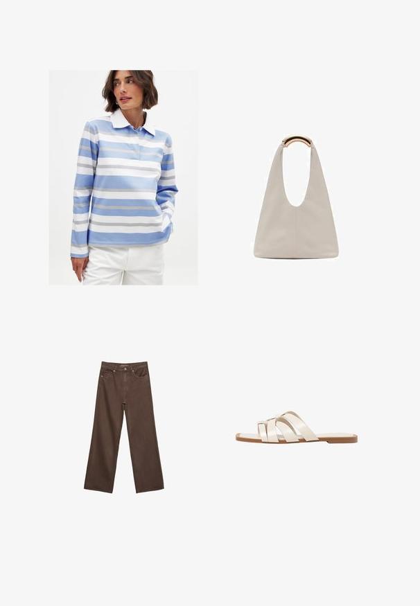 Polo majica s dugim rukavima u svijetloplavoj boji s bijelim horizontalnim prugama. Ima bijelu ovratnik i mekan pamuk. Raskošna kroj.; Široke rjave kavbojke iz denima, ki imajo visok pas, sprednje žepe in klasično zapiranje na gumb. Gladka tekstura s subtilnim šivom.; Ravne sandale s svetlo rjavim gumijastim podplatom, zasnovane s tremi prekrivajočimi se belimi usnjenimi trakovi in majhnim lokom na sredini.; Svetlo siva usnjena torba z U-oblika zasnovo in ukrivljenim kovinskim ročajem. Gladka tekstura z minimalnim šivom in brez vidnih vzorcev.