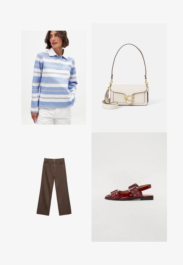 Koszula polo z długim rękawem w jasnoniebieskie i białe poziome paski. Posiada biały kołnierzyk i miękki materiał bawełniany. Luźny krój.; Szerokie brązowe dżinsy wykonane z denimu, z wysokim stanem, przednimi kieszeniami i klasycznym zapięciem na guzik. Gładka faktura z subtelnym przeszyciem.; Burgundowe lakierowane buty na obcasie z noskiem w szpic, z dwoma regulowanymi paskami z klamrami i srebrnymi akcentami.; Kremowa skórzana torebka o zarysowanym kształcie, z kontrastowymi czarnymi krawędziami, złotymi akcentami oraz odpinanym paskiem z charakterystycznym logo.; Złoty zegarek na siateczkowym pasku z czarną okrągłą tarczą, minimalistycznymi indeksami i srebrną koroną; posiada logo na godz. 12.