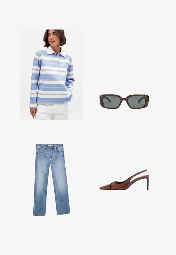 Polo majica s dugim rukavima u svijetloplavoj boji s bijelim horizontalnim prugama. Ima bijelu ovratnik i mekan pamuk. Raskošna kroj.; Modre kavbojke ravnega kroja, z blagim pranjjem, petimi žepi in klasičnim gumbom. Iz bombažnega materiala z opaznim šivom.; Rjavi usnjeni slingback čevelj z ostro konico, izrezom na vampu in elegantno stiletnasto peto. Gladka tekstura.; Sonce, ki je oblikovana v tortoščkovem vzorcu, ima pravokotne leče, debele okvirje in temne leče. Ima gladko teksturo in minimalističen dizajn.