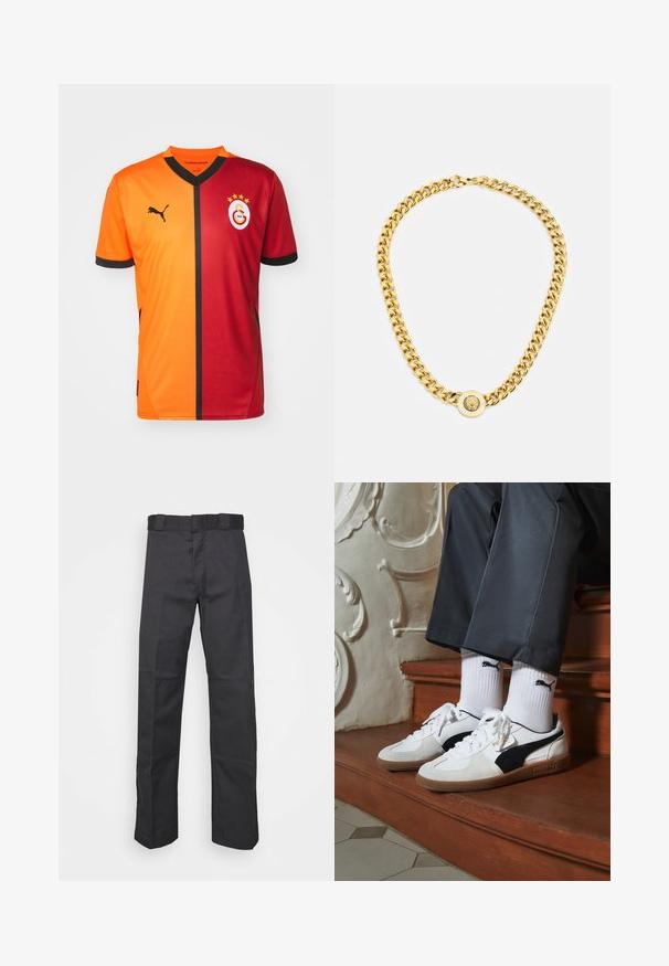 Galatasaray focimez narancssárga és piros diagonális félrészekkel, fekete kiegészítőkkel, V nyakkivágással és Puma logóval a bal mellen.; Fekete nadrág tartós anyagból, egyenes szárú kivitelben, övhurkokkal ellátott derékkal és további textúrát adó varratokkal.; Fehér és fekete velúr Puma sportcipők, barna gumitalppal. Fehér zoknival párosítva, amely fekete logót visel, sötét nadrággal kombinálva.; Arany lánc nyaklánc nagy, egymásba fonódó gyűrűkkel, középen egy kiemelkedő emblémával ellátott kört alakító medállal.