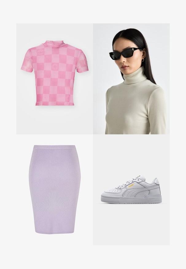 Kortærmet, lyserød cropped top med et ternet mønster og subtilt smilende ansigt-logo, lavet af et gennemsigtigt, let stof.; Ribbet blyantnederdel i lys lilla med en tætsiddende design. Har en høj talje, glat tekstur og knælang længde.; Grå læder sneakers med perforerede detaljer, polstret krave, flade snørebånd og guldlogo accenter. Har en tyk sål og tekstureret sidepanel.; Sorte rektangulære solbriller med tykke rammer, prydet med guldfarvede detaljer. Modellen bærer en lys beige ribbet turtleneck-top.
