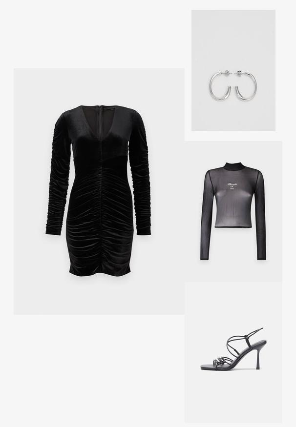 Top scurt cu mânecă lungă de culoare neagră, din material transparent, cu guler înalt și text brodat "Thanks OK Bye" pe față.; Rochie din catifea neagră cu mâneci lungi tip puff, decolteu adânc în V și detalii drapate în față. Închidere cu fermoar la spate. Textură netedă.; Sandale negre cu toc înalt au curele subțiri cu un design legat, un vârf pătrat neted și un toc stiletto elegant.; Geantă metalică gri deschis, cu un strap din lanț, decorată cu mici ținte circulare metalice și un logo de marcă triangular.; Cercei rotunzi din argint cu un finisaj neted și strălucitor. Design ușor, având o formă rotundă și închidere cu tijă.