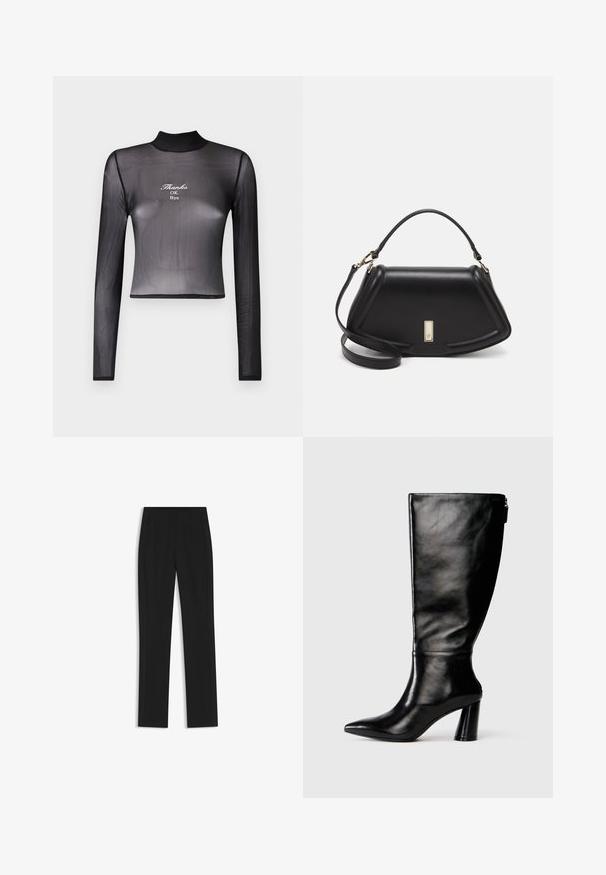 Schwarzes, langärmeliges, kurzes Oberteil aus transparenter Material mit hohem Kragen und gesticktem Text "Thanks OK Bye" auf der Vorderseite.; Schwarze maßgeschneiderte Hose mit geradem Bein, ausgestattet mit Fronttaschen und einem glatten, strukturierten Stoff. Saubere, minimale Details.; Knöchelhohe schwarze Lederstiefel mit einer spitzen Zehe, glatter Oberfläche und einem klobigen Absatz. Verfügt über einen Reißverschluss hinten.; Schwarze Lederhandtasche mit einem strukturierten Design, das eine verkürzte Form, einen oberen Griff und goldfarbene Hardware-Details aufweist. Verstellbarer Schulterriemen ist enthalten.