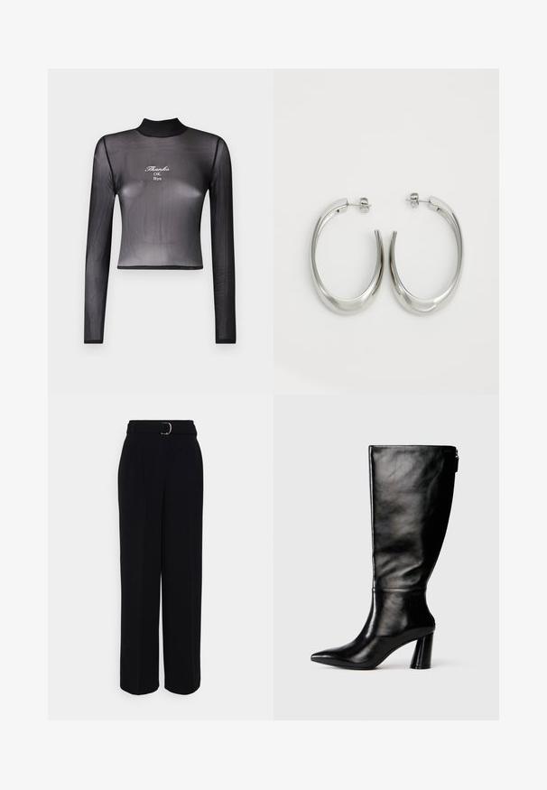 Melns garām piedurknēm īsais tops caurspīdīgā materiālā ar augstu kakla izgriezumu un izšūtu tekstu "Paldies, viss kārtībā, uz redzēšanos" uz priekšpuses.; Melnas pielāgotas bikses ar plašu kāju siluetu, ar jostu ar sudraba sprādzi, krokām un gludu auduma faktūru.; Ceļgala augstumā melnas ādas zābaki ar saplacinātu purngalu, gludu tekstūru un masīlu papēdi. Aizmugurē ir rāvējslēdzēja detalizācija.; Sudraba riņķveida auskari ar gludu, izliekta dizaina formu. Iezīmējas ar spīdīgu metāla apdari un pievienojamu aizdari. Nav redzamu rakstu vai akcentu.