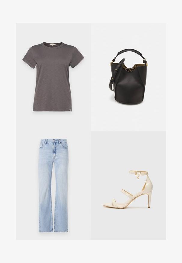 rag & bone THE SLUB - Basic T-shirt - wshdslate; Light blue denim flared jeans with five-pocket design, belt loops, and a button closure. Soft texture with subtle fading.; Beige high-heeled sandals with thin ankle strap and two upper straps. Glossy patent finish and gold hardware detail on the ankle strap.; Black leather bucket bag with a textured finish, gold hardware accents, and an open top. Features a short handle and adjustable shoulder strap.