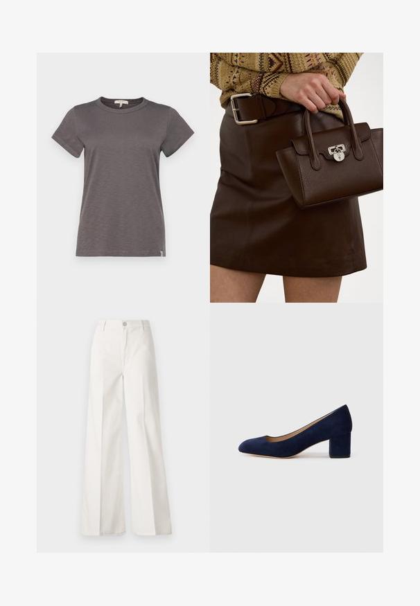 rag & bone THE SLUB - Jednoduché tričko - wshdslate; Bílé volné kalhoty vyrobené z bavlny s hladkou texturou. Obsahují přední knoflík, zip a design se čtyřmi kapsami.; Námořnicky modré semišové lodičky s špičatou špičkou a středně vysokým blokovým podpatkem. Hladká textura s jemným leskem a malým výřezem na přední části.; Hnědá kožená kabelka s texturovaným povrchem a stříbrným hardwarem, drží ji ruka vedle hnědé kožené sukně a vzorovaného svetru.