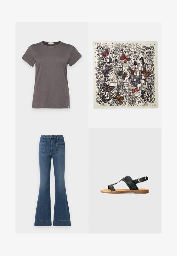 rag & bone THE SLUB - T-Shirt basic - wshdslate; Ausgestellte blaue Jeans in mittlerem Waschungsstil mit hoher Taille, fünf Taschen und leichter Ausbleichung um die Knie und Oberschenkel.; Schwarze Ledersandale mit verstellbarem Schnallenverschluss, flacher sandfarbener Sohle und zwei breiten Riemen, die über den Fuß laufen, minimalistisches Design.; Quadratisches Seidentuch mit detaillierten Schmetterlingsillustrationen in verschiedenen Farben auf einem hellen Hintergrund, mit schwarzen Umrandungen und dekorativen Mustern.