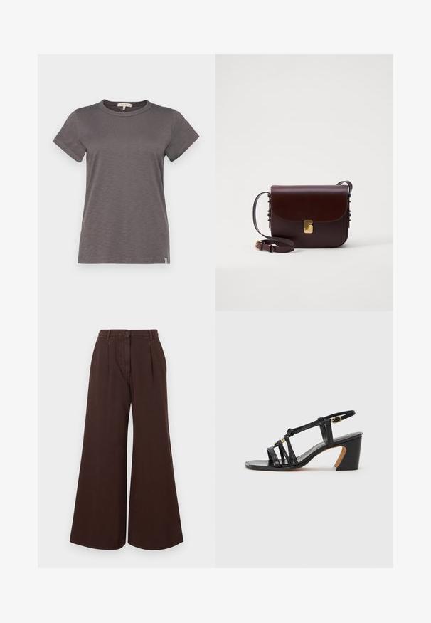 rag & bone THE SLUB - Basic T-shirt - wshdslate; High-waist wide-leg brown pants with button and zipper closure, belt loops, and front pleats.; Paul Smith AMIRA - Classic heels - black; Brown leather bag with a flap closure, gold accent hardware, and an adjustable strap. Features a smooth texture and a sleek rectangular shape.