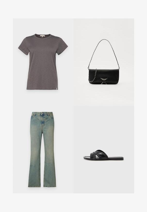 rag & bone THE SLUB - T-shirts basic - wshdslate; Lysblå denim flare jeans med høj talje, fem lommer og lynlås. Ren, falmet finish med subtile syninger.; Sorte slide sandaler med en glat læderfinish, der har krydsende remme og udskæringsdetaljer, samt en flad, fleksibel sål.; Sort læderhåndtaske med en sølv kædestrop, der har dekorative vingedetaljer og hvid syning langs bunden.
