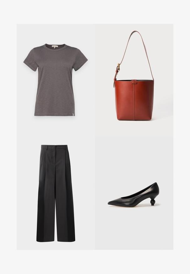rag & bone THE SLUB - Basic T-shirt - wshdslate; Black wide-leg trousers with a high waist, featuring front pleats, a smooth texture, and a tailored finish. Designed for a relaxed fit.; Black leather high heel shoe with a pointed toe and a round, balled heel. Smooth texture with a sleek, minimal design.; Brown leather bucket bag with adjustable shoulder strap and gold-tone buckle, simple vertical seam detail on front.