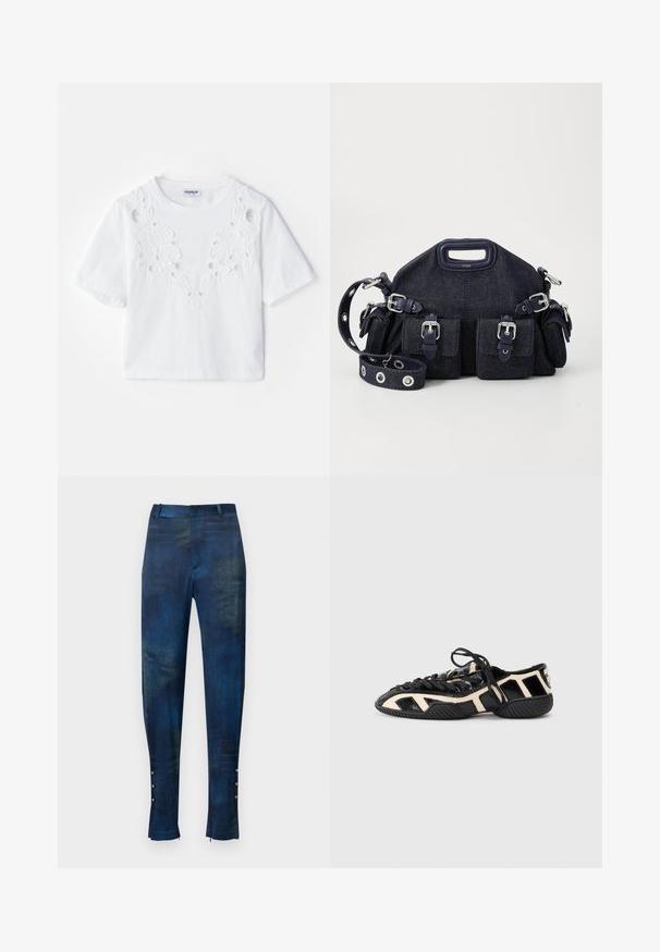 Biała koszulka z krótkim rękawem z wyszywanym wzorem kwiatowym z wycięciami na przodzie. Wykonana z miękkiego materiału, okrągły dekolt.; Niebieskie i zielone spodnie w wzory o slim fit, charakteryzujące się gładką fakturą oraz dekoracyjnymi guzikami przy kostce.; Czarno-kremowe buty sportowe z teksturowaną cholewką, z wyciętymi wzorami, sznurówkami i żłobioną podeszwą zapewniającą przyczepność.; Ciemnoniebieska torba z denimu o zaokrąglonym kształcie, z wieloma zewnętrznymi kieszeniami, regulowanym paskiem oraz srebrnymi akcentami metalowymi. Dołączony uchwyt na górze.