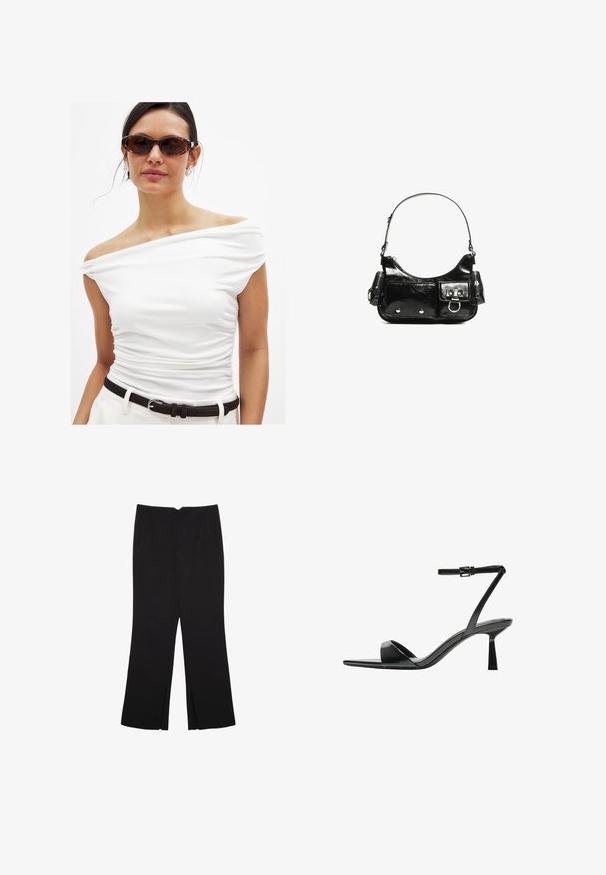 Weißes Off-Shoulder-Top mit Raffung, kombiniert mit einem schwarzen Gürtel. Das Model trägt braungetönte Sonnenbrille und silberne Ohrringe. Glatte Textur.; Schwarze Hose mit geradem Schnitt, ausgestattet mit Fronttaschen und Seitenschlitzen am Saum. Hergestellt aus weichem, glattem Stoff. Geeignet für verschiedene Anlässe.; Bershka High Heel Sandalette - black; Schwarze Lackleder-Handtasche mit geschwungenem Design, einem Schulterriemen, Vordertaschen und silberfarbenen Hardware-Akzenten.