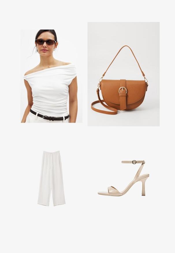 Witte off-shoulder top met geplooide details, gecombineerd met een zwarte riem. Het model draagt bruin-getinte zonnebril en zilveren oorbellen. Glad materiaal.; Witte wijde broek gemaakt van een lichte stof. Voorzien van een elastische tailleband met een trekkoord en zijzakken. Zachte textuur.; Nude lakleren hoge hak sandaal met een dunne enkelband en ronde gesp, open teen ontwerp en een slanke stilettohak.; Bruine leren schoudertas met een gebogen vorm, gouden hardware en een gespaccent. Bevat een afneembare schouderriem.