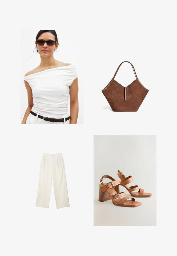 Biała bluzka na ramiączkach z marszczeniami, w zestawie z czarnym paskiem. Modelka nosi brązowe okulary przeciwsłoneczne i srebrne kolczyki. Gładka tekstura.; Spodnie z szerokimi nogawkami w kremowej tkaninie o gładkiej fakturze, z pojedynczym guzikiem z przodu, subtelnymi plisami i wysokim stanem.; Brązowe skórzane sandały na wysokim obcasie z wieloma paskami, złotymi akcentami i skośnym słupkiem. Gładka tekstura, projekt z odkrytą palcą.; Brązowa zamszowa torba na ramię z skórzanym wykończeniem i cienkim zapięciem, o miękkim, szerokim i nieco kanciastym kształcie.