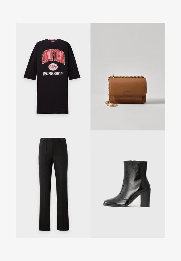 Sort oversized t-shirt lavet af bomuld, med fed rød og hvid tekst: "UNIFORM 032c WORKSHOP" på forsiden. Rund halsudskæring, korte ærmer.; Sorte skræddersyede bukser med lige ben, to frontlommer, knaplukning og plissé detaljer foran. Glat stofstruktur.; Sorte læder ankelstøvler med en glat overflade, spids tå og en chunky høj hæl. Har en sidelukning og minimalistisk design.; Brun tekstureret læder crossover-taske med guldkæde-rem og klaplukning. Forsiden har logo-detalje og en lomme under klappen.