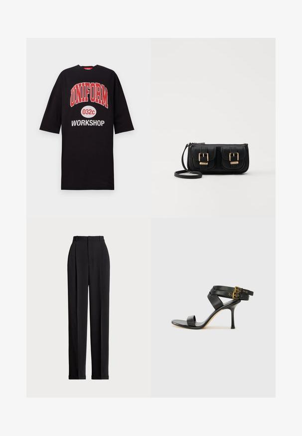 Camiseta oversized negra de algodón, con un atrevido texto rojo y blanco: "UNIFORM 032c WORKSHOP" en el frente. Cuello redondo, mangas cortas.; Pantalones negros a medida con una cintura alta, que cuentan con pliegues en la parte delantera, un diseño de pierna recta y dobladillo con vuelta. Fabricados con un tejido suave.; Sandalia negra de tacón con correas cruzadas y hebilla ajustable. Presenta una textura suave y un tacón de aguja afilado.; Bolso cruzado de cuero negro con dos bolsillos frontales, hebillas doradas, cierre de cremallera y una correa delgada. Superficie texturizada y forma rectangular compacta.