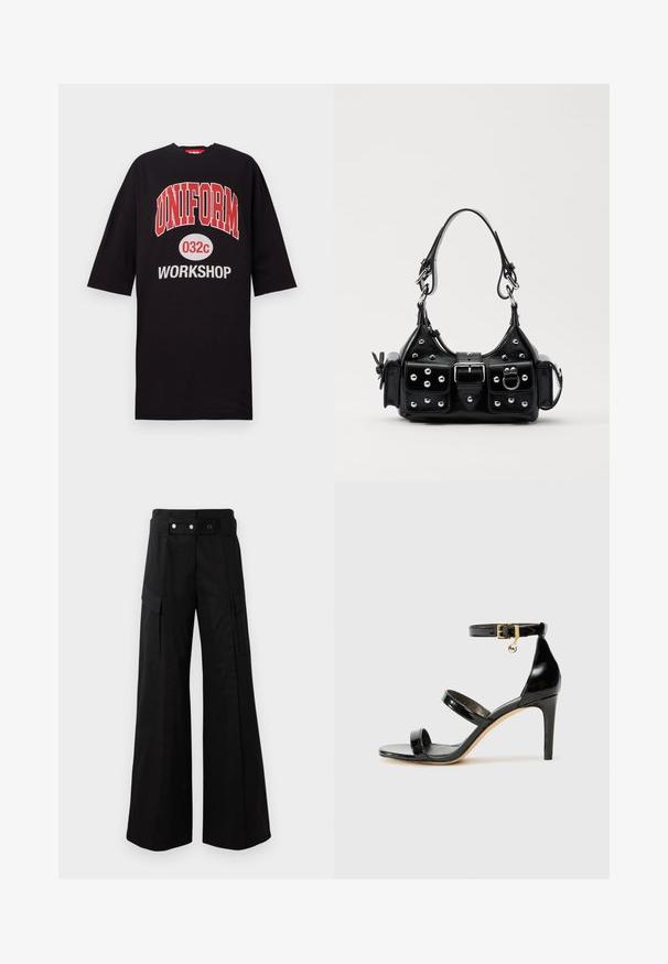 Black oversized t-shirt made of cotton, featuring bold red and white text: "UNIFORM 032c WORKSHOP" on the front. Round neckline, short sleeves.; Black wide-leg pants with a high waistband, featuring large side pockets, two front buttons, and a loop detail. Made from sturdy fabric.; Black patent leather sandal with three straps, ankle buckle, and 4-inch stiletto heel. Features gold hardware detail and logo charm.; Black leather handbag with a curved design, featuring silver studs, a buckle, and two side pockets. Adjustable strap for carrying options.