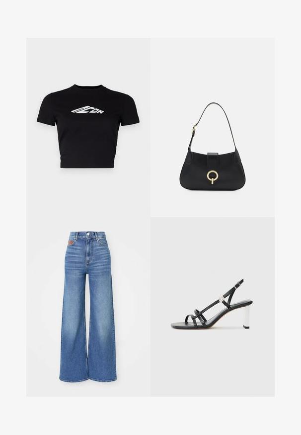 DSQUARED2 ICON MINI TEE - Printtipaita - black; Korkeavyötäröiset leveälahkeiset farkut vaaleansinisestä denimistä, jossa on hieman kulutusta. Farkuissa on nappisulku ja nahkakoriste takavöissä.; Musta korolliset sandaalit, joissa on useita kapeita hihnoja, slingsback-muotoilu ja hopeinen yksityiskohta kantapään kohdalla. Sileä päällismateriaali ja neliömäinen korko.; Musta nahkalaukku, jossa on kaareva siluetti, lyhyt olkahihna, keskeinen kultainen koriste ja sileä pinta. Ei näkyviä kuvioita tai yksityiskohtia.