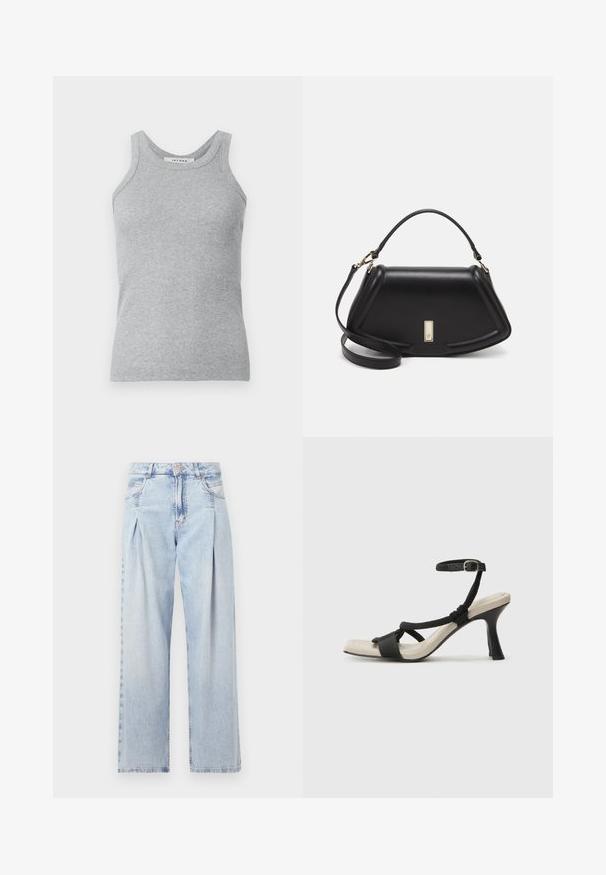 Grå ribbade linne med rund halsringning och breda axelremmar. Tyget har en mjuk textur och en åtsittande silhuett.; Ljust blå denimjeans med hög midja, vida ben, två sidofickor och veckad design. Mjuk textur med en blekt finish.; Svart klacksandaler med flätad remdesign, fyrkantig tå och justerbar vristrem. Ljusbeige fotbädd med glansig svart klack.; Svart läderhandväska med en strukturerad design, som har en avskuren form, ett handtag upptill och guldiga detaljer. Justerbar axelrem ingår.