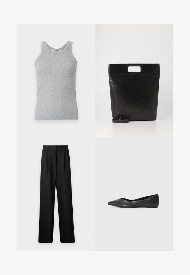 Gray ribbed tank top with a round neckline and wide shoulder straps. The fabric has a soft texture and a fitted silhouette.; Black wide-leg trousers with a smooth texture, featuring front pleats and a high waist design. Made from a lightweight fabric.; Black leather ballet flat with a pointed toe, low heel, and smooth texture. Minimal design with a subtle side accent.; Black leather tote bag with a square handle, featuring a textured finish and embossed logo. Includes a detachable strap.