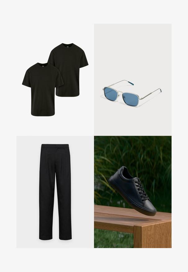 Urban Classics HEAVY 2-PACK - Jednoduché tričko - black black; Černé kalhoty vyrobené z hladké látky, s rovnou nohavicí, dvěma předními sklady a standardním pasem se poutky na opasek.; Černé kožené tenisky s hladkým povrchem, kulatou špičkou a plochými tkaničkami, umístěné nad dřevěným povrchem s pozadím zelené trávy.; Sluneční brýle se stříbrným kovovým rámem, obdélníkovými modrými skly a tenkými nožičkami. Na koncích nožiček jsou modré akcenty.