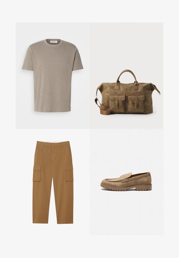 Beige cotton t-shirt with a round neck, short sleeves, and a subtle brand logo printed on the chest. Smooth texture, casual fit.; Brown cargo pants with two side pockets, a flat front, and a straight leg cut. Made from a durable fabric with a smooth texture.; Tan suede loafers with a rounded toe, flat rubber sole, and decorative stitching on the upper. Features a slip-on design with no lace.; Brown leather duffel bag with two front pockets, adjustable shoulder strap, gold hardware, and sturdy top handles. Smooth texture.