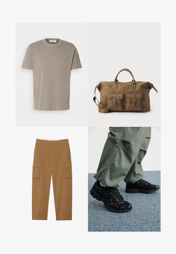Beige színű pamut póló kerek nyakkal, rövid ujjal, és diszkrét márkalogóval a mellkason. Sima textúra, laza szabású.; Barna cargo nadrág, két oldalsó zsebbel, sima elülső résszel és egyenes szabással. Tartós anyagból készült, sima textúrával.; Fekete sportcipők fényes és hálós textúrával, vastag talppal és fűzővel, laza olívazöld cargo nadrággal párosítva.; Barna bőr utazótáska, két elülső zsebbe, állítható vállpánttal, arany színű részletekkel és masszív felső fogantyúkkal. Sima felület.