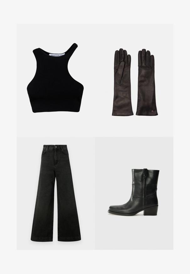 Melnā tvertnes blūze, kas izgatavota no ribota auduma ar augstu apkakli un platu plecu siksnām, ar tīru un minimālistisku dizainu.; Augsta vidukļa, platām kājām džinsa bikses tumši melnā krāsā. Tām ir pogu aizdare, priekšējās kabatas un gluda tekstūra ar minimālu izbalēšanu.; Melna ādas potīte ar noapaļotu purngalu, bloku papēdi, sānu rāvējslēdzēju un šuvju akcentiem uz virsmas. Gluda tekstūra, klasiskā dizaina.; Weekend Max Mara SENAPE - Cimdi - nero; Weekend Max Mara SENAPE - Cimdi - nero