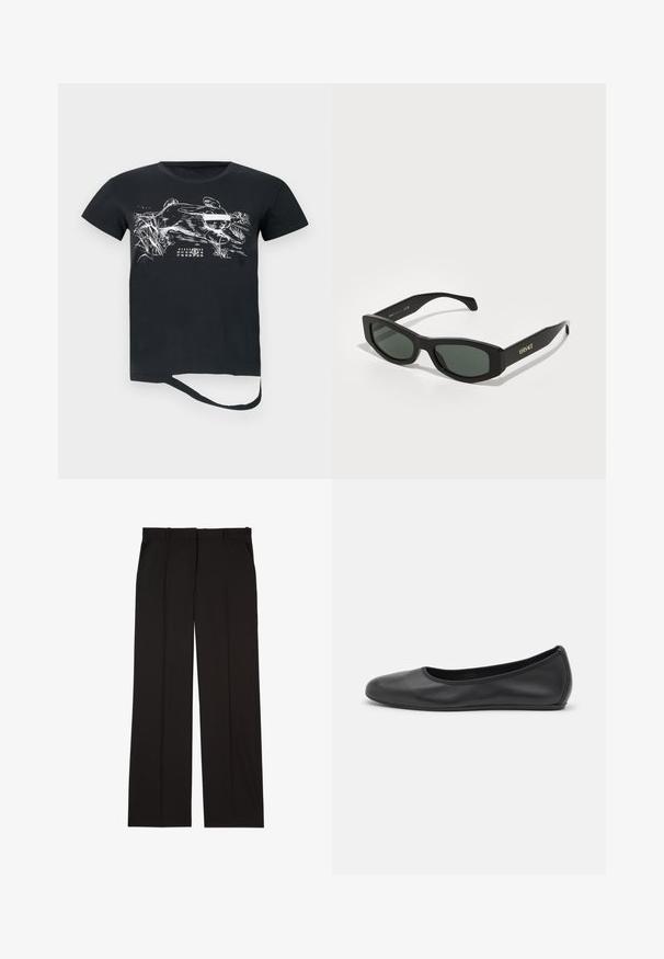 Črna bombažna majica s kratkimi rokavi, ki ima belo grafiko bežeče živali in podrobnosti koledarja po spodnjem delu spredaj.; Črne krojene hlače iz gladkega materiala, s straight-leg obliko in dvema stranskima žepoma. Elegantna in minimalistična zasnova.; Črne usnjene balerinke z zaobljenim nosom, gladko teksturo, minimalnimi šivi in fleksibilno zasnovo podplata.; Črne pravokotne sončne očala z zelenimi lečami, z močnimi okvirji in zlato "VERSACE" blagovno oznako na mejah.