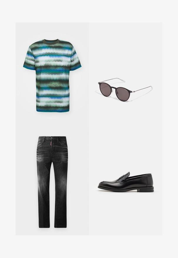 Īsām piedurknēm T-krekls ar zigzag rakstu zaļās, zilās un baltās krāsās, ar apaļo kakla izgriezumu un mīkstu auduma tekstūru.; Melni džinsi no denima ar taisnu piegriezumu. Iespējas ietver izbalējušas vietas, nelielas nodiluma pazīmes, klasisko piecu kabatu dizainu un pogu aizdari.; Melnas ādas kurpes ar gludu tekstūru, noapaļu purngalu un dekoratīvu siksniņu pāri priekšpusei. Zems sakrauts papēdis, minimālisma dizains.; Melni apaļi saulesbrilles ar tumšiem lēca un plānām metāla stangām. Iekļautas caurspīdīgas tempļu galviņas un sudraba akcenti pie eņģes. Minimalistisks dizains.