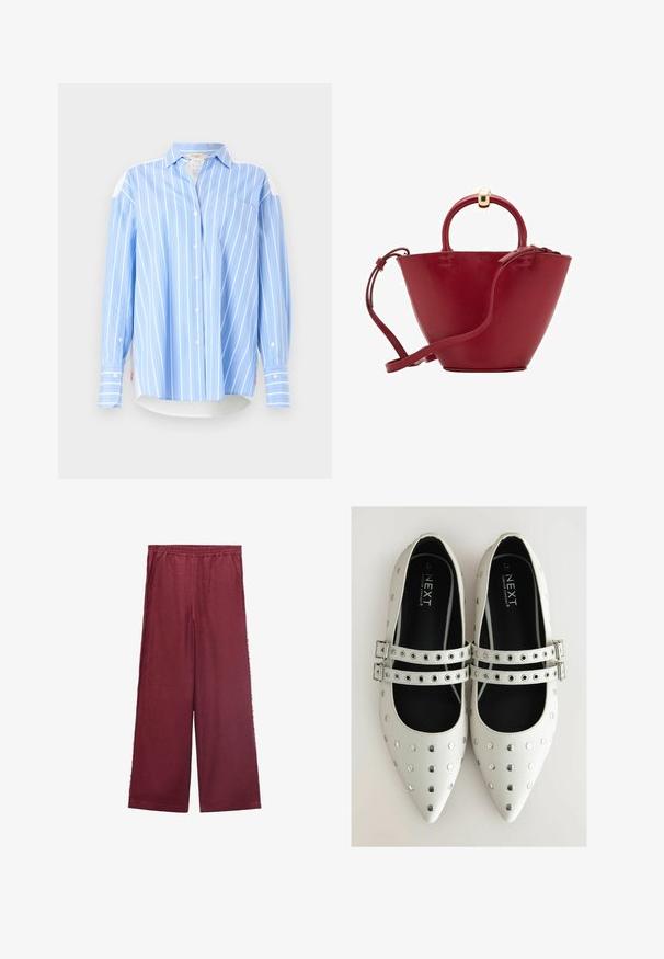 Light blue long-sleeve shirt with white and thin striped pattern, button closure, chest pocket, and contrasting white shoulder detail.; Burgundy wide-leg pants made from soft fabric, featuring an elastic waistband, two side pockets, and a relaxed silhouette.; White leather flat shoes with pointed toes, featuring silver studs and two buckle straps across the instep. Black inner lining.; Red leather handbag with a rounded top, structured cone shape, a short handle, and a detachable shoulder strap. Features gold hardware accents.