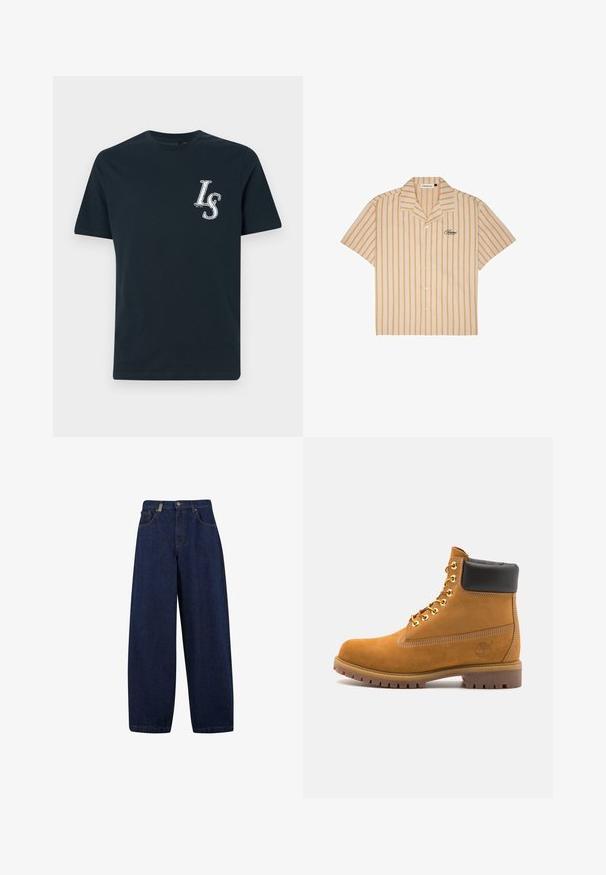 Mörkblå bomull T-shirt med korta ärmar, med en broderad "LS"-logotyp på vänster bröst. Standard rundad halsdesign.; Kortärmad knapp-up skjorta i beige med orange vertikala ränder. Har en insvängd krage och broderad logotyp på vänster bröst.; Lösa mörkblå denimjeans med hög midja, framfickor och rakt benformat. Inkluderar silverfärgade detaljer och minimal sömnad.; Tan mockasins ankelstövlar med svart vadderad krage, guldmetallöglor, vit sömdekor och slitstöt gummisula med utmärkta mönster.