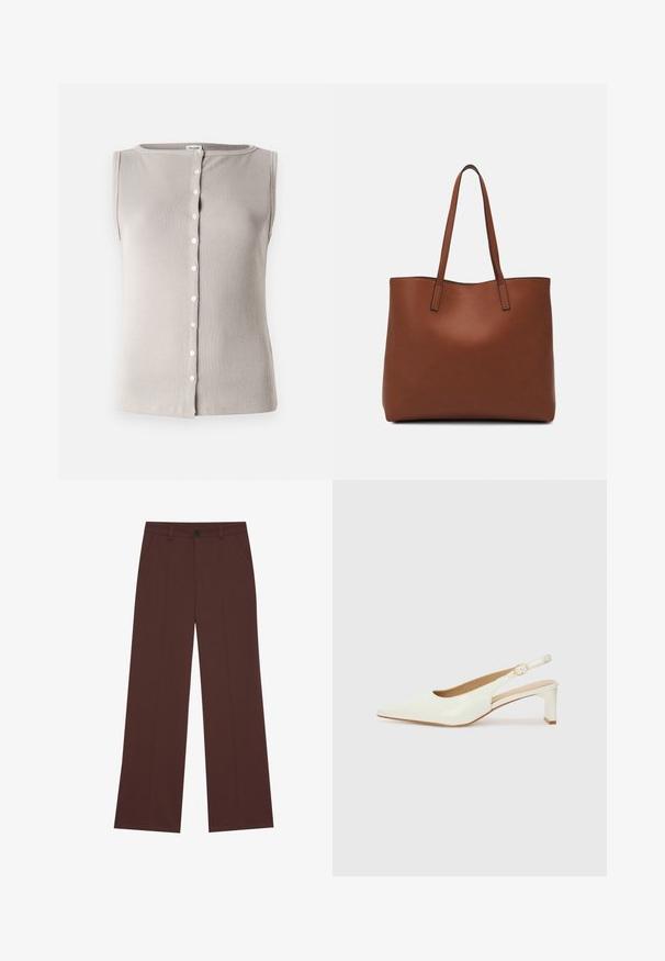 Haut sans manches gris clair en matière côtelée, avec un col rond et un devant à boutons avec des boutons blancs.; Pantalons larges en tissu brun riche. Équipés d'une fermeture à bouton, de deux poches avant, d'une texture lisse et de lignes épurées.; Escarpin en cuir verni blanc, à bout pointu et à petit talon bloc. Comprend une fine sangle avec un détail de boucle dorée.; Sac fourre-tout en cuir marron avec une texture lisse, design à ouverture supérieure et deux poignées pour le porter à l'épaule. Présente des coutures minimales et aucun matériel visible.