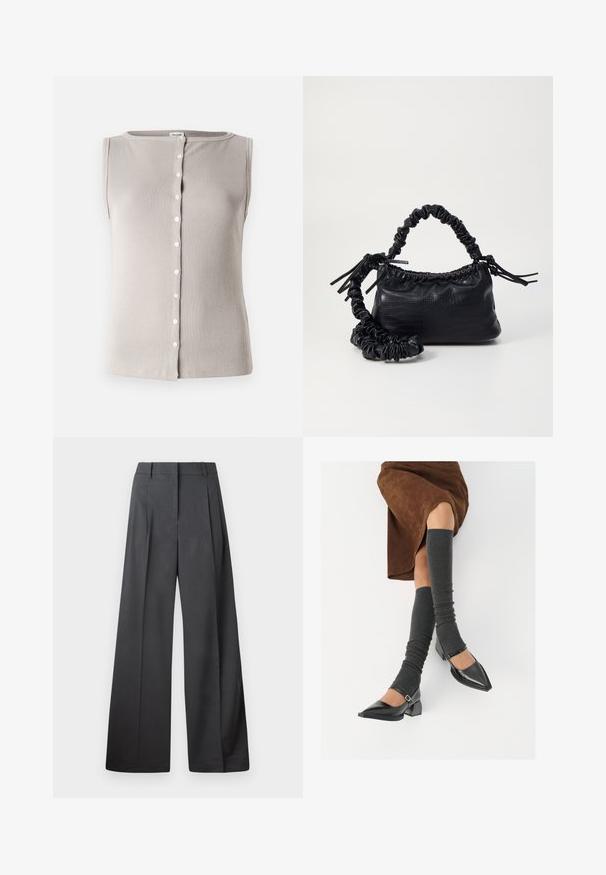 Light gray sleeveless top made of ribbed material, featuring a round neckline and a button-down front with white buttons.; Wide-leg trousers in dark gray fabric, featuring a high waist, single pleats, and a smooth texture with a clean finish at the hems.; Black patent leather pointed-toe shoes with a block heel and ankle strap, paired with gray ribbed leg warmers and a brown suede skirt.; Black faux leather handbag with a crocodile texture, cinched top, and a scrunched strap. Appears soft and compact in design.