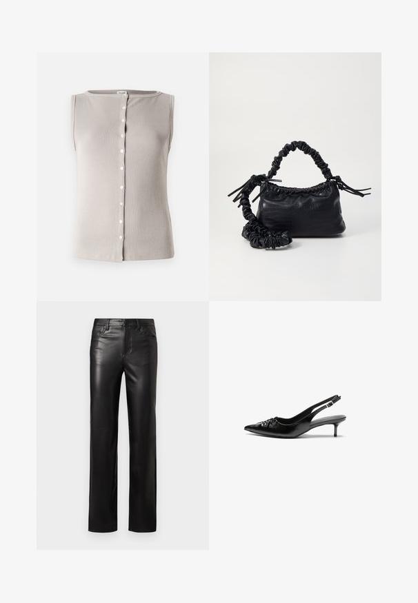 Helles graues ärmelloses Oberteil aus geripptem Material, mit einem runden Halsausschnitt und einer knöpfbaren Vorderseite mit weißen Knöpfen.; Schwarze Lederhosen mit geradem Schnitt, ausgestattet mit einem Knopfverschluss und frontalen Taschen. Glatte Textur mit dezenten Nähdetails.; Schwarze Leder-Slingback-Absätze mit einer spitzen Zehenform, kleinen Kitten-Absätzen und einem dekorativen Knoten-Detail auf der Vorderseite. Glatte Textur über die gesamte Fläche.; Schwarze Handtasche aus Kunstleder mit Krokodilstruktur, gerafftem oberen Teil und einem geschoppten Tragegurt. Sie wirkt weich und kompakt im Design.
